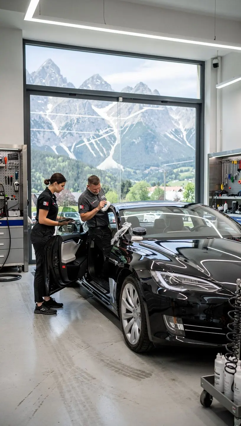 Technik merajúci tlak v pneumatikách moderného SUV v prostredí prémiového autoservisu